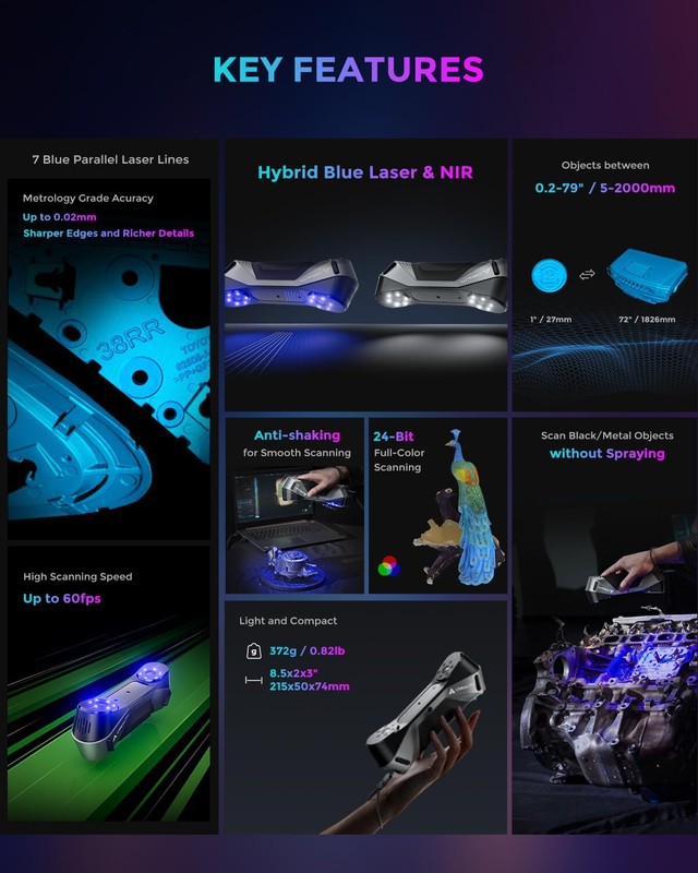 Creality CR-Scan Raptor 3D Scanner for 3D Printing 60fps Blue Laser & NIR 0.02mm gallery