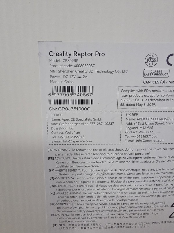 Creality Raptor Pro 3D Scanner Hybrid Blue Laser NIR Crs09rp gallery