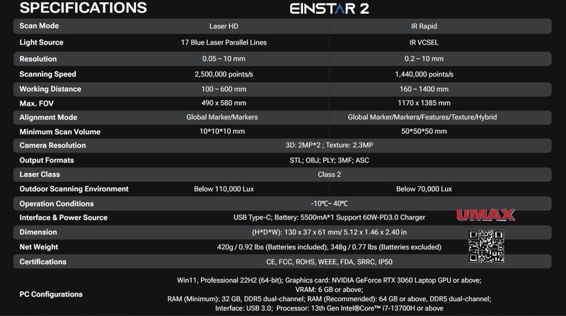 EINSTAR 2 Wireless 3D Scanner – Handheld, 0.05 mm Resolution, Hybrid Laser + IR gallery