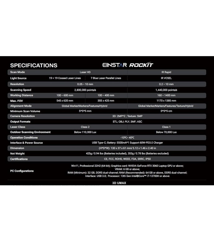 EINSTAR Rockit Wireless Handheld 3D Scanner 0.05mm HD Resolution, IR VCSEL Scan gallery